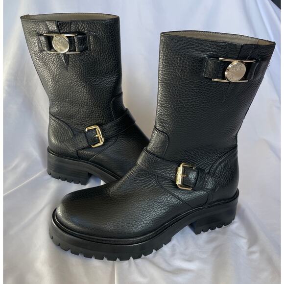 Versace Medusa Black Pebbled Leather Lug Moto Boots, US 5, IT 35 - Picture 1 of 9